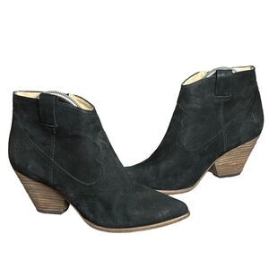 Frye Reina Ankle Boots Womens 8 Black Leather Heels Pointed Toe Western Side Zip